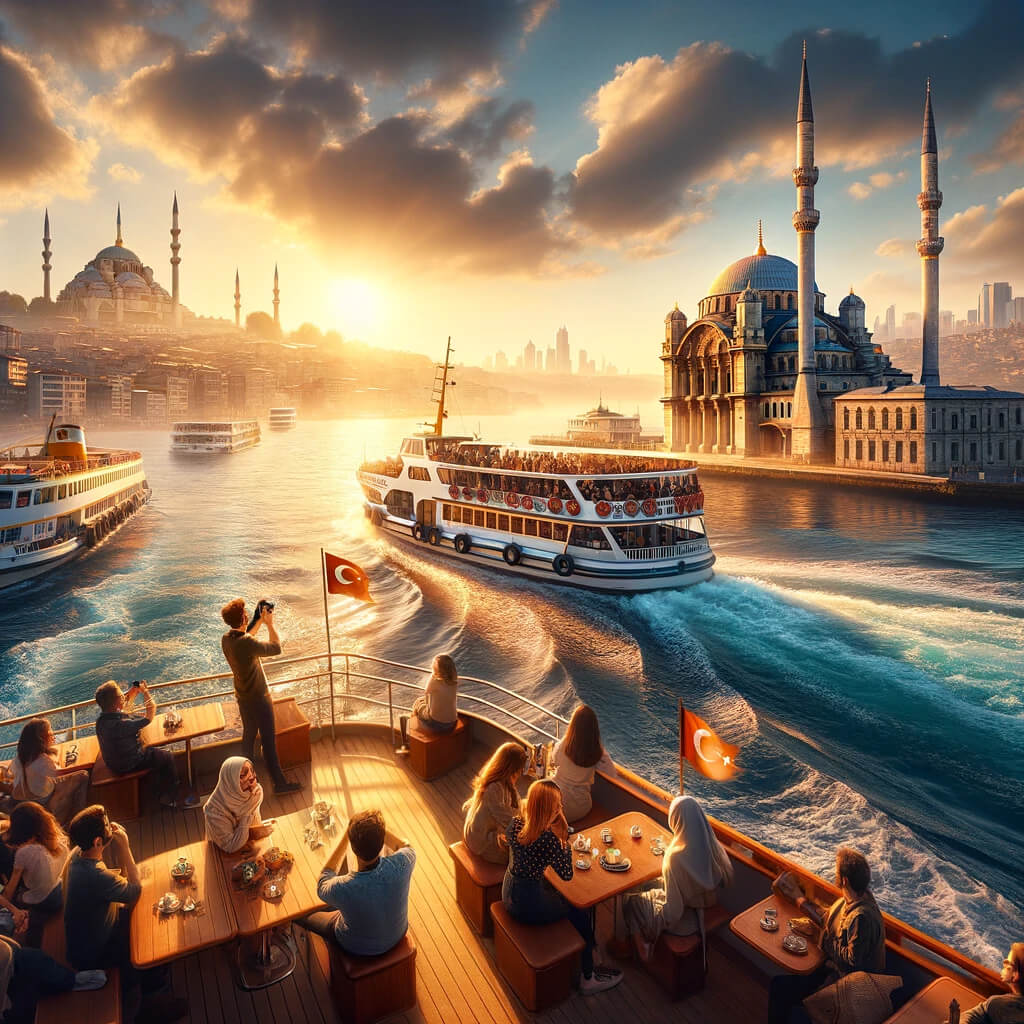 vacationers enjoying a cruise on the Bosphorus, showcasing the magical views of Istanbul's skyline, with histor